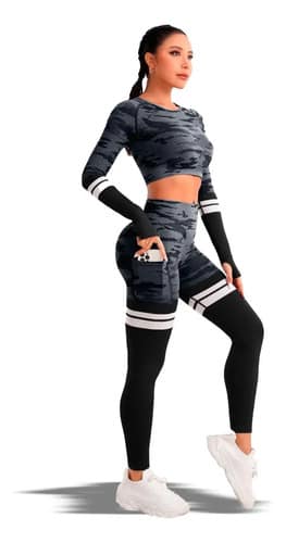 Conjunto Deportivo de Calza y Top Largo con Porta Celular Gris Talles XS al L