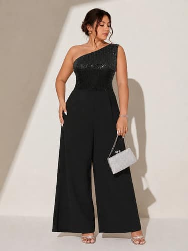 Mono de Fiesta Elegante Largo de un hombro Plus Size con Lentejuelas 1XL a 4XL