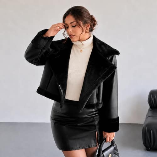 Chaqueta Saco Elegante Térmico de Cuerina y Corderito Negro 1XL al 4XL
